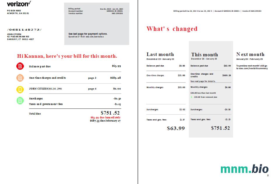 Szablon rachunku za media w USA Verizon w formatach Word i PDF, 2 strony